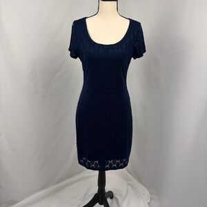 Isaac Mizrahi Lace Sheath Dress Womens Medium Navy Blue Short Sleeve